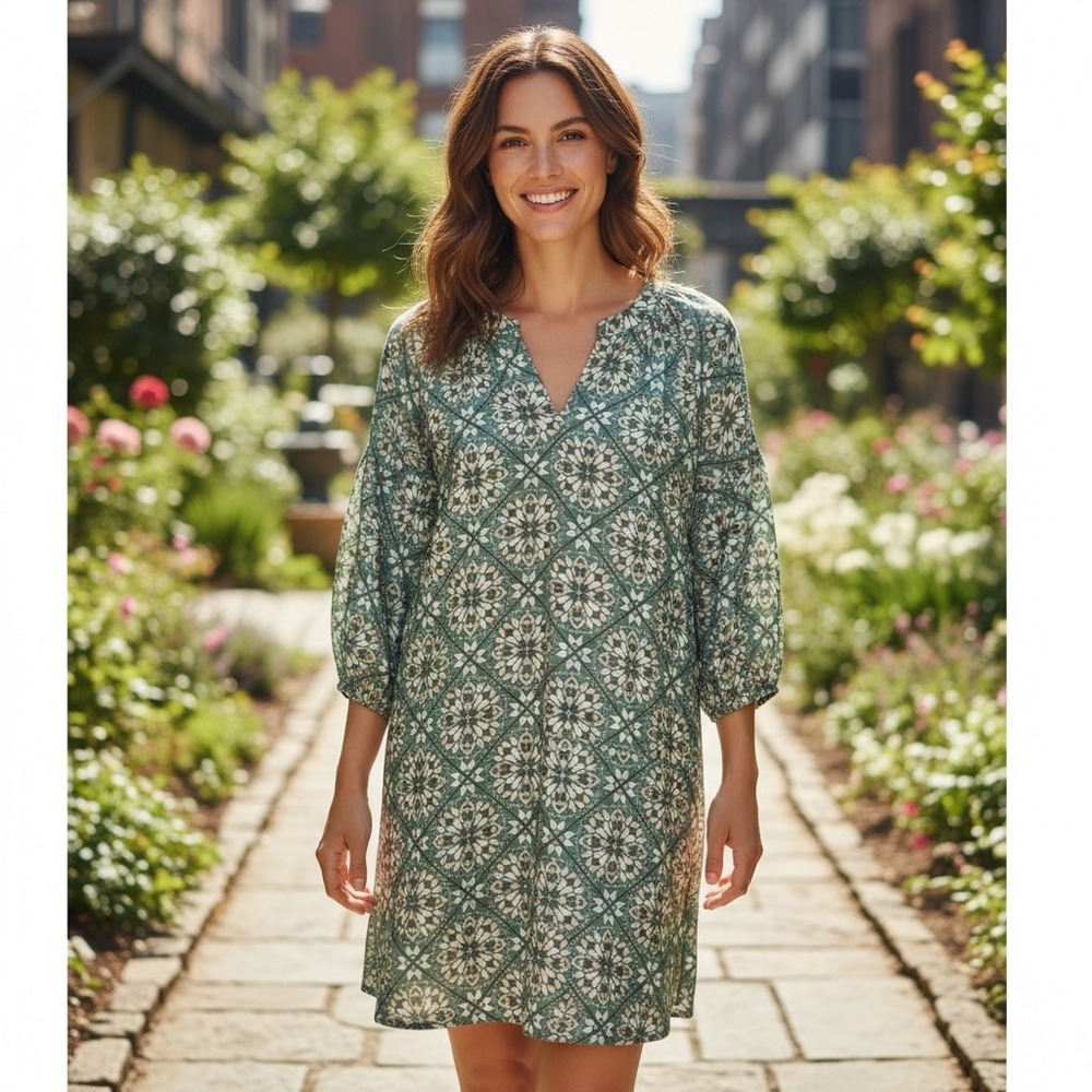 LOFT Outlet Women's XL Green Floral Print 3/4 Sleeve V-Neck Dress